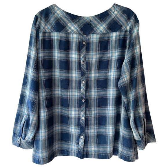 J JILL | NWOT LONG SLEEVE COTTON PLAID TOP BUTTON BACK NAVY BLUE WHITE SIZE: 1X - Picture 10 of 15
